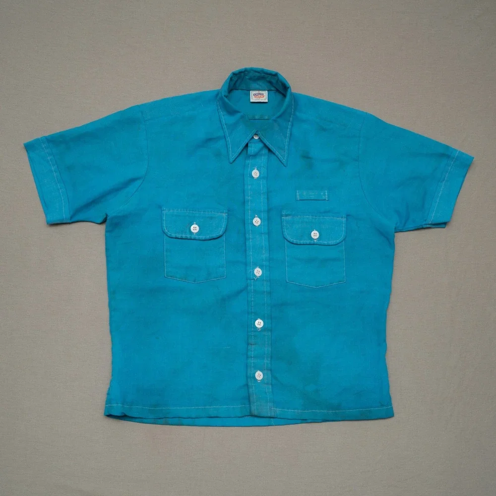 Vintage 70s Mod Button Up Bowling Shirt Dune Buggy Daggar Collar Blue Adult M